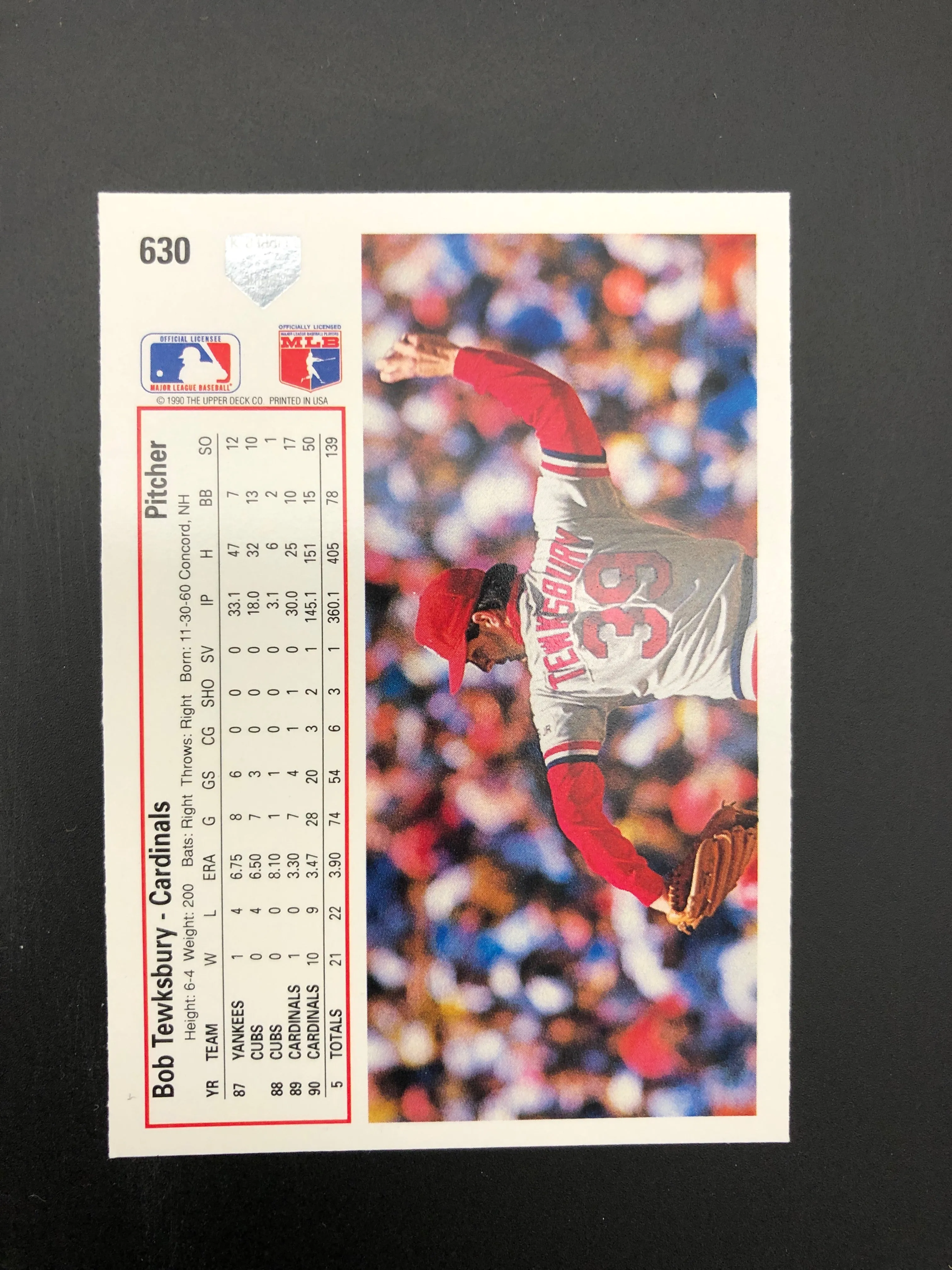 #630 Bob TewksburrySt. Louis Cardinals 1991 Upper Deck Baseball Trading Card