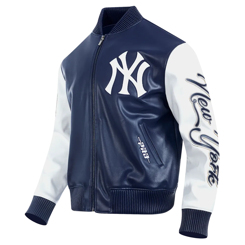 MLB NEW YORK YANKEES CITY SIGNATURE MEN'S LEATHER VARSITY JACKET (MIDNIGHT NAVY/WHITE)