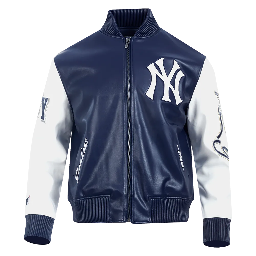 MLB NEW YORK YANKEES CITY SIGNATURE MEN'S LEATHER VARSITY JACKET (MIDNIGHT NAVY/WHITE)