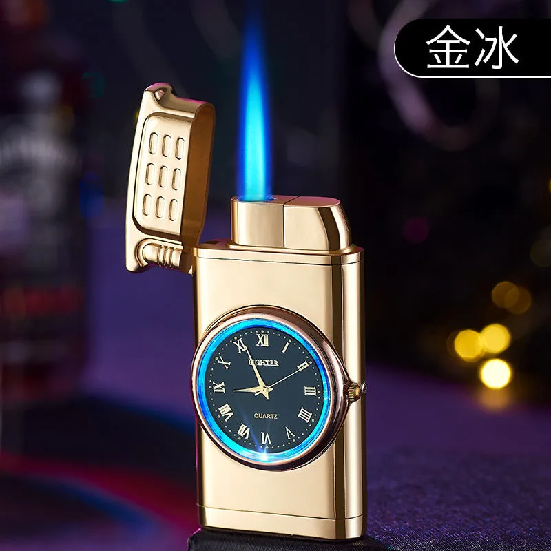 retro real watch blue light straight to the lighter metal windproof blue flame inflatable lighter can be engraved